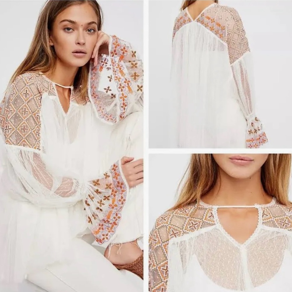 Free People White Boho Embroidered Peasant Blouse